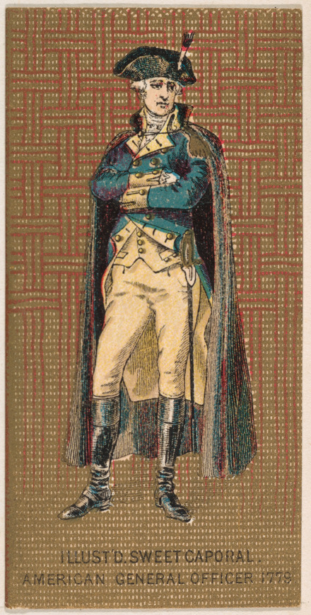 A vintage card shows an American general officer in uniform from 1779, relating to event history.